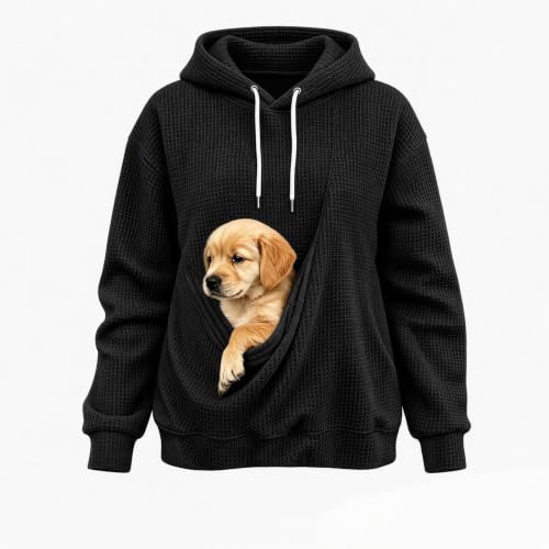 Dog Pouch Sweatshirt Pet Pouch Hoodie Women Kangaroo Pocket Dog Cat Carrier Soft Waffle Pullover Sudaderas para Mujer En Oferta Wardrobe Capsule Women Over 40 Black S - image 7