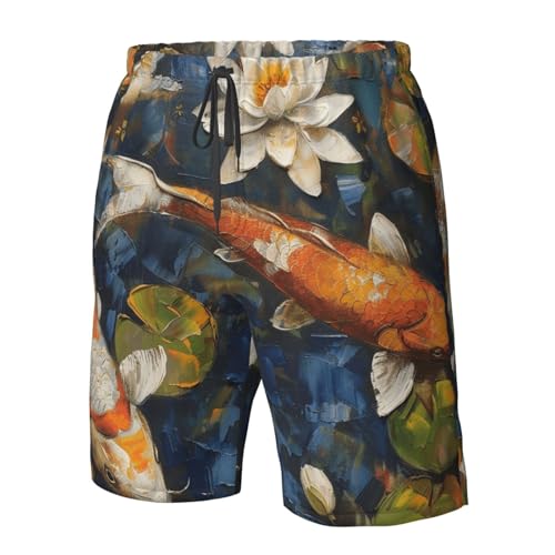 Men's Quick Dry Swim Shorts Fish Oil Painting Lotus Flowers Asian Style Beach Trunks with Pockets4