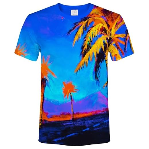aofmoka Neon Glow Blacklight Palm Tree Mens Tee Lightweight Fit Luminous Visuals Festival Wear Bright Under UV Vibrant Colors Tropical Artwork Palms Blue Sky Orange Style Sun Beach XL Male T-Shirt