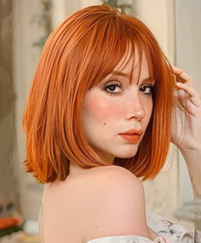 Colorfulpanda Short Auburn Bob Wigs for Women Ladies Natural Straight Wig with Fringe Bangs Heat Resistant Synthetic Hair Wig for Cosplay Party or Daily
