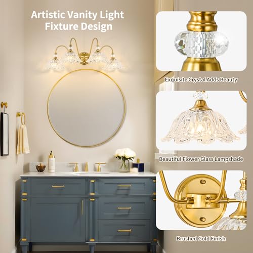 Image of Gold Bathroom Vanity Light, 4-Light Brushed Gold Finish Vanity Light with Floral Clear Glass Shades, Vintage Wall Mount Lighting for Bathroom, Dressing Table