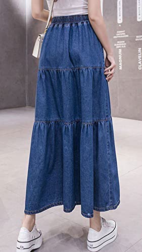GGUHHU Women's Lovely Elastic High Waist A-Line Flared Tiered Denim Long Skirts2