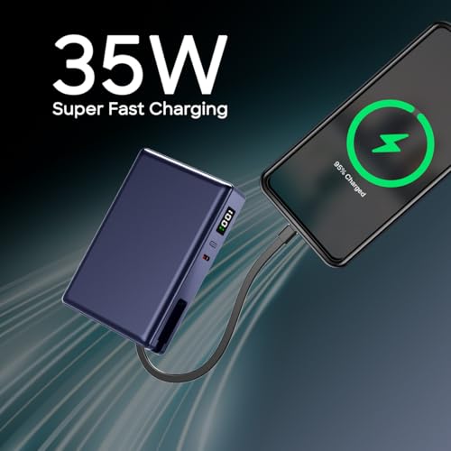 Image of pTron Dynamo Sprint 20000mAh 35W Super Fast Charging, USB Type-C Input Power Bank Compatible with QC3.0 /PD3.0, Built-in Charging Cable, 3 Charging Outputs, Type-C Input /Output Port (Indigo Blue)