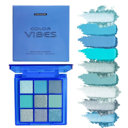 9 Colors Eyeshadow Palette – Blue Eyeshadow Theme, Matte & Glitter Convenient Portable Travel Eye...