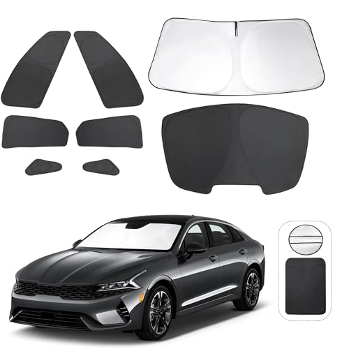 8PCS Windshield Sun Shade Custom Fit for 2021-2024 2025 Kia K5, GT-Line, GT, Sedan Accessories Foldable Sunshade Side Rear Window Shade Cover Full Set Privacy Protection Keeps Car Cool