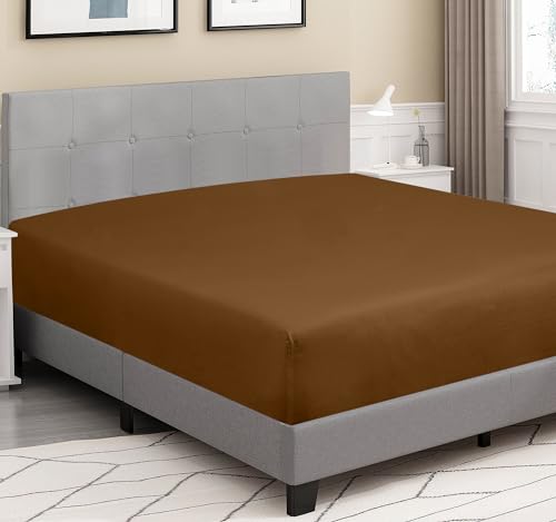 Image of ROYALE LINENS 300 Thread Count 100% Long Staple Combed Cotton Fitted Sheet Queen - Super Soft Deep Pocket Bottom Sheet - Fitted Sheets Only - Elastic Sheets (Queen, Chocolate)