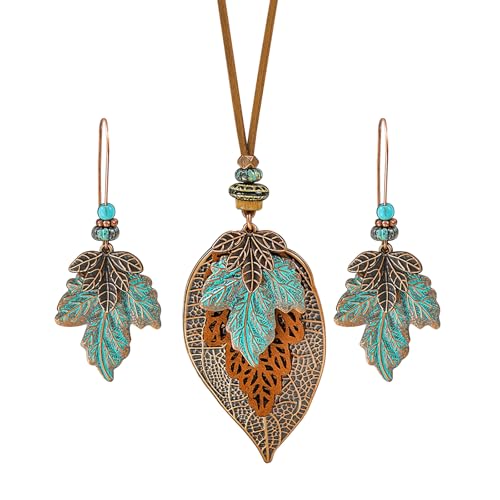 Wooden Leather Necklaces Set Bohemian Wood Stack Discs Long Chain Hemp Rope Bronze Plated Pendant Ethnic Tribal Fall Leaf Earrings Jewelry Statement Necklace