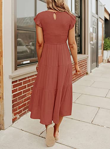 Zcsia Women's 2023 Summer Casual Ruffle Short Sleeve Crewneck Smocked Tiered A Line Midi Dress,Rust,Small #TOP3