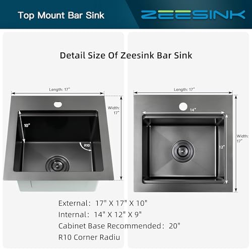 Image of Black Bar Sink 17 inch X 17 inch,Drop In /Top Mount Bar & Prep Sinks,16 Gauge Stainless Steel Small Bar Sink /RV Sink /Camping Van Sink (Black, 17 X 17 inch)