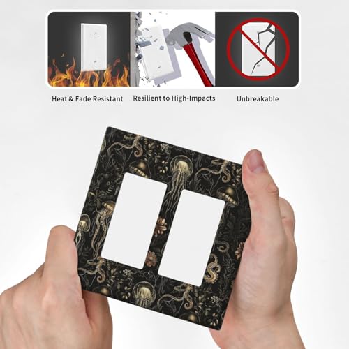 Decorative Outlet Covers Black Gold Jellyfish Squid Deep Sea Creatures 2 Gang Light Switch Cover Plate Double Rocker Wall Plate Switch Plate Covers Faceplate for Bedroom Home Decor
