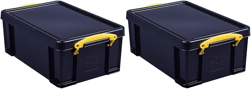 Really Useful Plastic Storage Box 9 Litre Solid Black with Yellow Handles (Pack of 2)