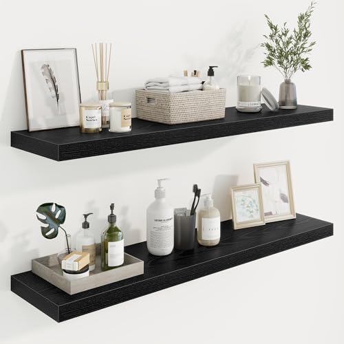 40in Floating Shelves for Wall, 40"W x 9.25"D x 1.25"H, 2 Pack Long Wall Mounted Engineered Wood Shelves with Invisible Brackets for Living Room, Bedroom, Bathroom, Kitchen Decor and Storage, Black