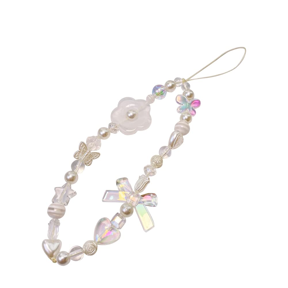 Dragonne Téléphone Vintage Avec Motif Papillon Et Fleurs | Chaîne Bracelet De Poignet Ou Porte-clés | Design Esthétique Rose | Compatible Smartphones Et Sacs