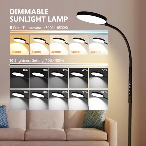 Light Therapy Lamp - 11,000 Lux UV-Free Sunlight Lamp, 5 Color Temps & 10 Brightness, 360° Gooseneck Floor/Desk Therapy Lamp for Home Office, Bedroom & Reading (Black) - Image 6