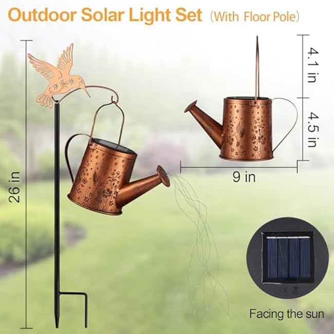 Outdoor Hanging Solar Lantern Waterproof Set Outside Metal Openwork Hummingbird Watering can Landscape Lights for Garden Yard Patio Pathway Decor Birthday Gifts for Women Mom Grandma -with Floor Pole