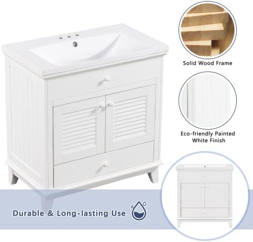 Miniatura 8 de anwickjeff Combinación de tocador de baño de 30 pulgadas con lavabo, armario de baño con 2 puertas y 1 cajón, armario de almacenamiento moderno con