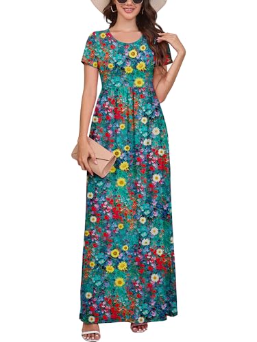 Image of DEARCASE Maxi Dress for Women Short Sleeve Casual Summer Loose Plain Comfy Long Dresses with Pockets