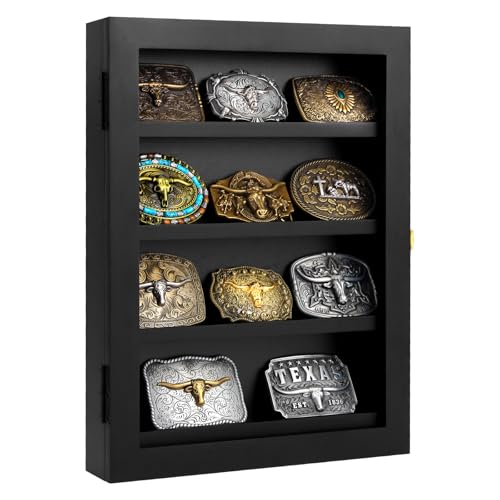 3' Belt Buckle Display Case 16×12 Black Shadow Box with Glass Door – Wall-Mounted Belt Buckle Holder & Display Frame for Collectibles – Home Décor Picture Frame (For belt buckles under 3' in height only)