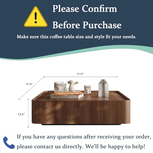 Luxury Wood Coffee Table with Hidden Drawer, Easy Installation Square Center Table for Living Room, Raised Edge Design, Premium Walnut Finish (35.43" Square Coffee Table) - Image 2