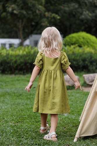 Linen Dress Girl Ruffles Short Puff Sleeve Vintage Toddler Princess Dress Front Wood Buttons Casual Dress for Girls3