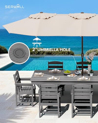 Image of SERWALL 9 Piece 84 inch HDPE Outdoor Dining Set for 8 with Armchairs and Umbrella Hole, Gray