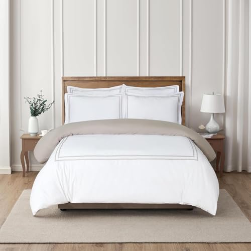 Majestic Giftware Madison Linen 4 Pcs 48" Full Size Duvet Bedding Set (BL55-48F-4pcs) Riviera - Taupe 400 TC 100% Cotton Sateen |1 Fitted Sheet, 1 Duvet, 2 Pillowcases - Noble Collection