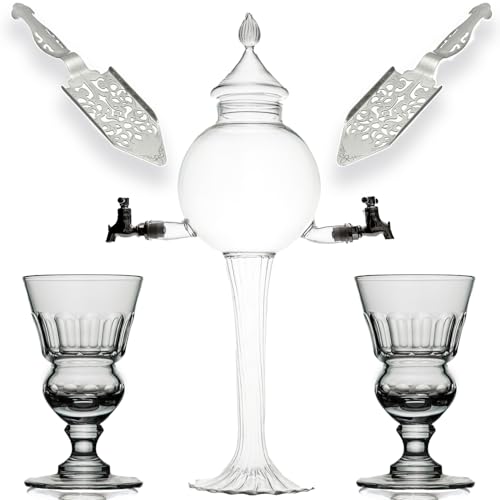 Absinthe Fountain Set - Glass Pearl Bubble Fountain with 2 Spouts Absinthe Dripper Set Complete with 2 Reservoir Pontarlier Absinthe Glasses and Absinthe Spoons.