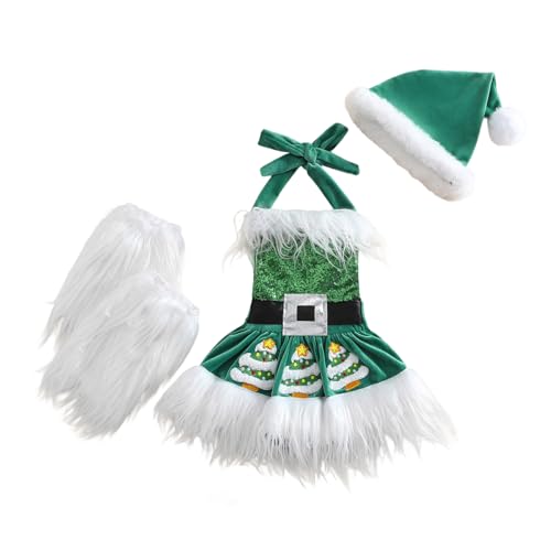 Baby Girl Cute Sequin Sleeveless Halter Romper Dress with Leg Warmer Hat Infant Newborn Christmas Outfit