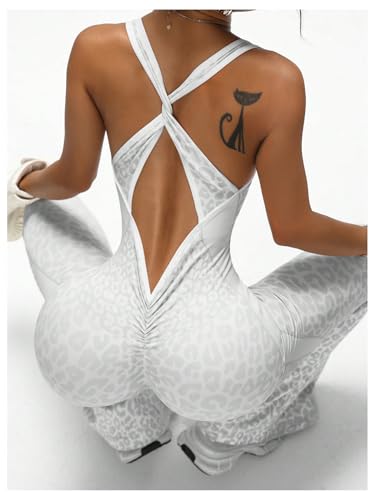 Image of Verdusa Women's Cheetah Print Workout Sets Yoga Jumpsuit Criss Cross Sleeveless Work Out Clothes Flared Pants Jumpsuits