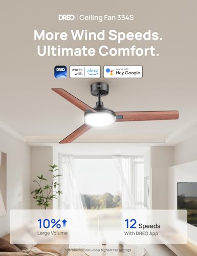 Image of DREO Smart Ceiling Fans with Lights, 52 Inch Black Ceiling Fan, 12 Speeds & 3 Fan Modes, Stepless Color Tones, Dimmable LED Light, 1-12H Timer, Quiet DC Motor, Remote /APP /Alexa /Wall Switch Control