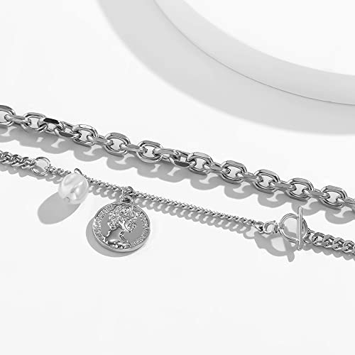 Jumwrit Dainty Layered Necklaces Curb Link Chain Choker Necklace Cuban Chain Necklace With Pearl Toggle Coin Pendant Necklace For Women And Girls（Silver） #TOP3