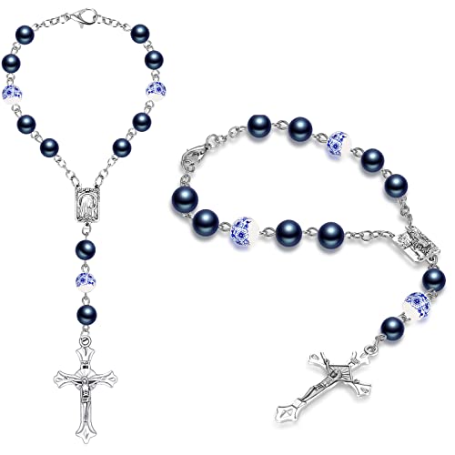 Konohan 2 Pieces Car Rosary Rearview Mirror Auto Rosary Religious Car Mirror Hanging Accessories for Automotive Personalized Protection Charm for Auto Decors(Ceramic Blue)