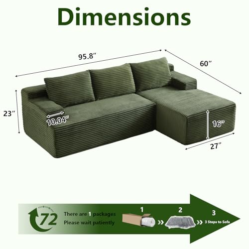 Image of 96 inch Modular Sectional Sofa, Modern Corduroy Cloud Couch, Boneless Couch Upholstered 3-Seater L-Shaped Sofa for Living Room, No Assembly Required (Green, Right-Facing Chaise)