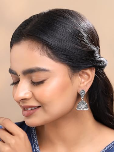 Image of Yellow Chimes Earrings for Women and Girls Traditional Silver Oxidised Jhumka German Silver Earring Set Dome Shaped Dangler Jhumki Earrings Combo | Birthday Gift For Girls and Women