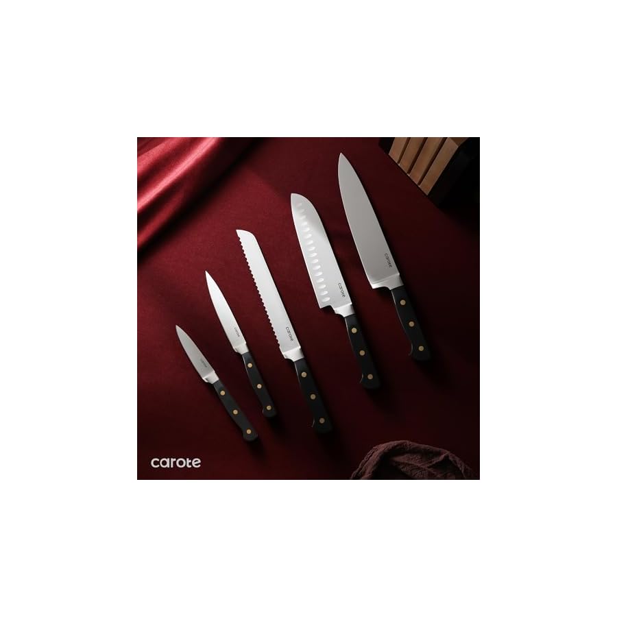 CAROTE-11PCS-Knife-Set-with-Block-for-kitchen-Stainless-Steel-Razor-Sharp-Blade-Triple-Riveted-Ergonomic-HandleEssential-Knife-Set-Black CAROTE 11PCS Knife Set with Block for kitchen, Stainless Steel Razor-Sharp Blade, Triple Riveted Ergonomic Handle,Essential Knife Set, Black