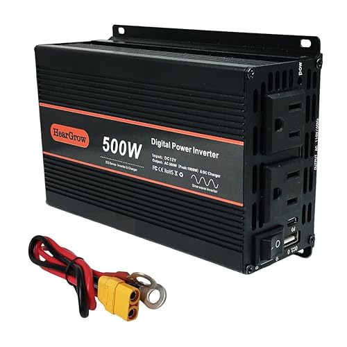 HearGrow 500W Pure Sine Wave Power Inverter DC 12V to AC 110V with 2 AC Outlets,1 USB-A and 1 USB-C Ports for Car, RV, Truck