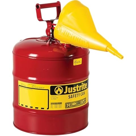 Justrite 5 Gallon Type I Red Safety Gas Can for Gasoline with Flame Arrester, Self-Closing Lid, and Funnel, Made in the USA, Galvanized Steel Flammable Storage Can, 7150110 Cover