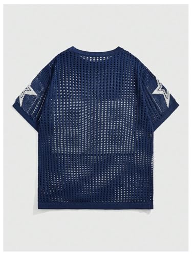 SHENHE Men's Crochet Jersey Shirt Y2k Baggy Letter Hollow Out Short Sleeve Pullover Sweater Tops2