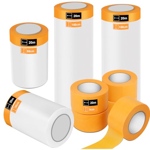 QUOTRE Lot de 9 rouleaux de film de masquage, avec ruban adhésif, 20 m x 55 cm/150 cm + 3 cm, film de protection autocollant pour travaux de peinture, rénovation, murs, meubles, fenêtres et portes