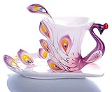 Emoyi Porcelain Tea Cup and Saucer Coffee Cup Mug Peacock Theme Creative Present (Purple)