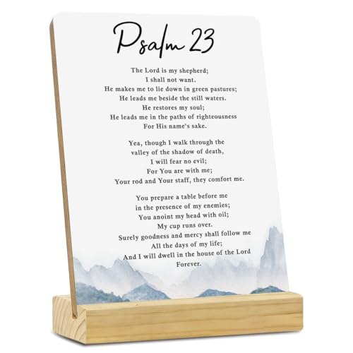 MUBIAO Bible Verse Desk Decor Rustic Plaque with Wood Stand, Psalm 23 Scriptures Mountain Wooden Sign, Christian Decorative Wood Sign for Home Office Shelf Decor
