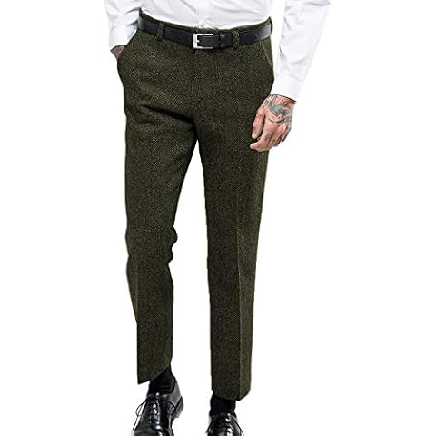 AeoTeokey Men's Vintage Suit Pant Herringbone Tweed Dress Trousers Thick Wool Pleated Front Regular Fit (Army Green, 29W x 28L) Cover