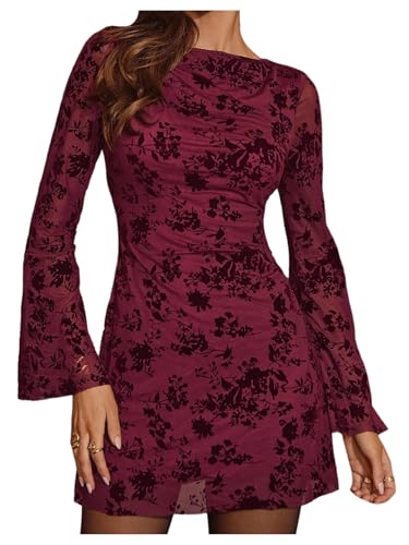 Image of GORGLITTER Women's Bell Long Sleeve Mini Dress Y2k Fall 2025 Mesh Boat Neck Going Out Club Bodycon Short Dress