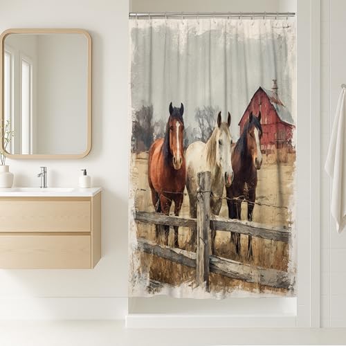 Tenda da doccia rustica a forma di cavallo, marrone terroso, nero, bianco, decorazione per il bagno, stile country autunnale, tenda da doccia in tessuto impermeabile con ganci, 91 x 183 cm