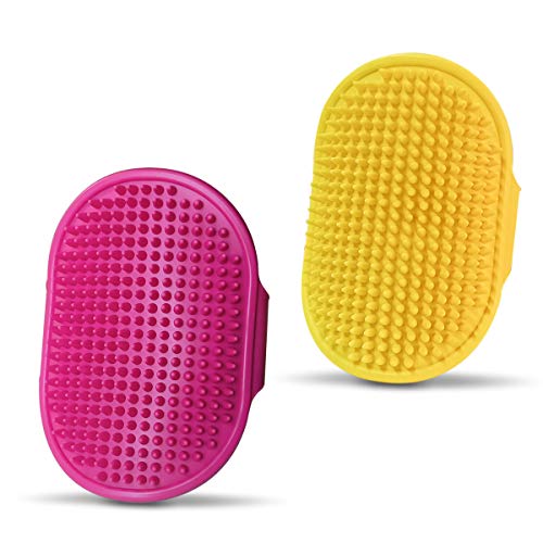 2Pcs Dog Bath Brush, Pet Bath Brush Rubber Dog Comb with Adjustable Ring Handle for Long Short Haired Pet (Rose+Yellow)