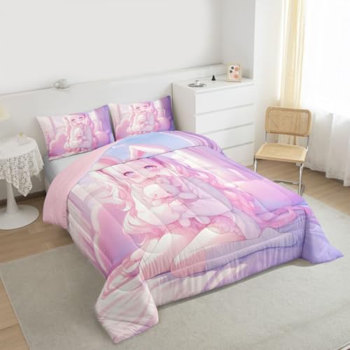 Image of Erosebridal Romance Girly Comforter Set for Kids Boys Girls Anime Girl Bedding Japanese Girl Duvet Set Cute Cartoon Bear Comforter Queen with 2 Pillowcases