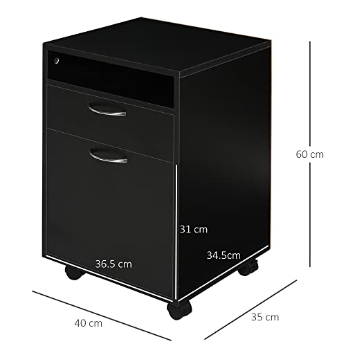 HOMCOM 60cm Storage Cabinet w/Drawer Open Shelf Metal Handles 4 Wheels Office Home Organiser Mobile Printer Black