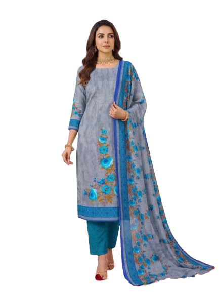 Image of Grey Silk Women's Dress Material with Coordinated Dupatta | Unstitched Salwar Suit Fabric Set for Casual, Office, Festive & Traditional Ethnic Wear