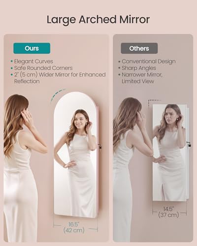 Image of SONGMICS Wide Jewelry Organizer, LED Jewelry Cabinet Wall /Door Mounted, Arched Mirror with Storage, Lockable, Rounded Corner, Interior Mirror, 3.9 x 16.5 x 42.5 Inches, Jelly Pink UJJC020SA01S