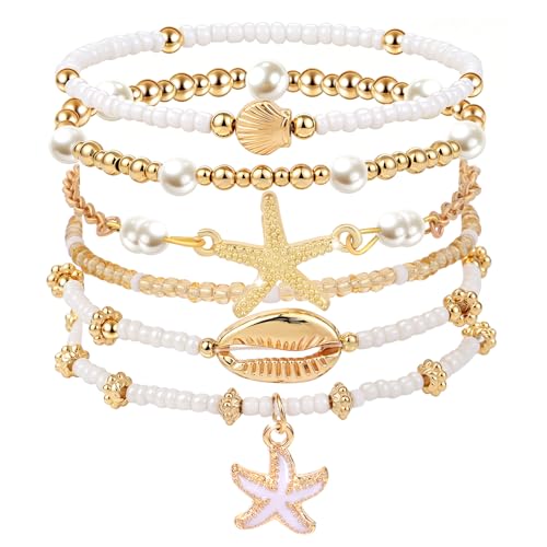 cow print Summer Beach Bracelets for Women Men Stackable Seashell Starfish Beaded Bracelets Seaside Holiday Vacation Party Birthday Gifts for Women Surfers Friends Her Him Family